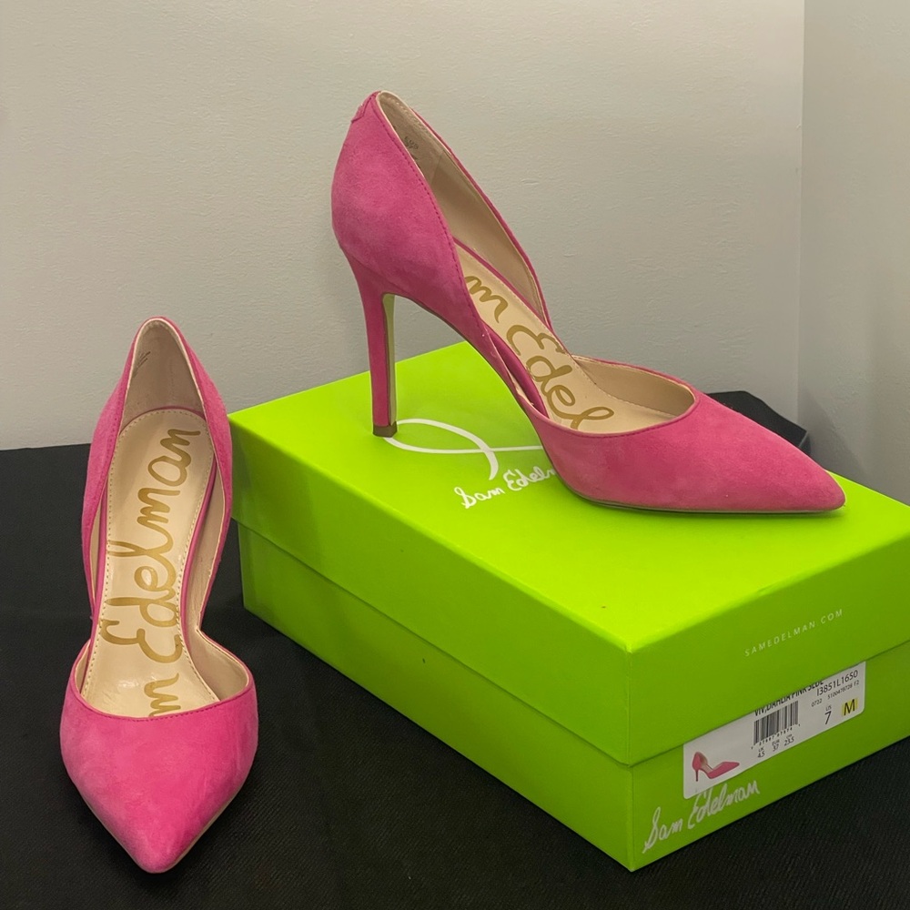 Sam Edelman Viv Dahlia Pink D’Orsay Pointed Toe Suede Mid Heel Pump